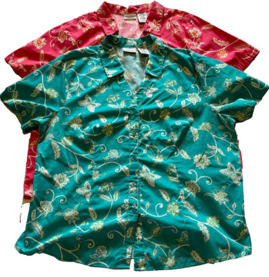 2 White Stag Ladies' Hawaiian Shirts Plum & Aqua 18W/20W Short Sleeve Floral 587