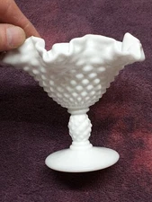 Vintage WHITE HOBNAIL MILK GLASS FLUTED COMPOTE DISH 5in Pedestal Base