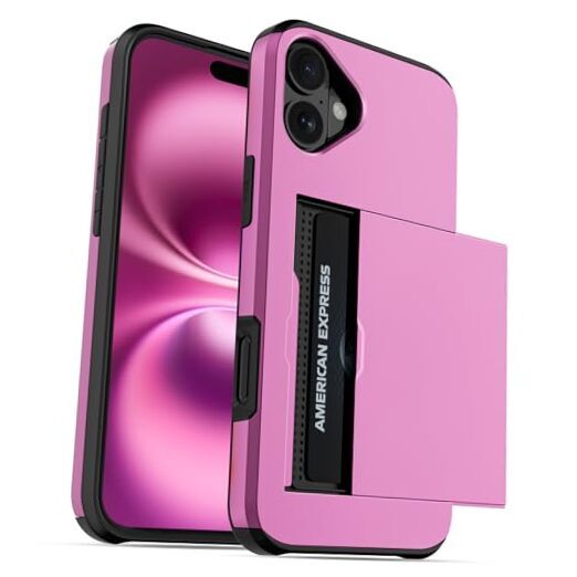 for iPhone 16 Case, Card Holder Wallet for 2 Cards Slide Cover Hidden Pink