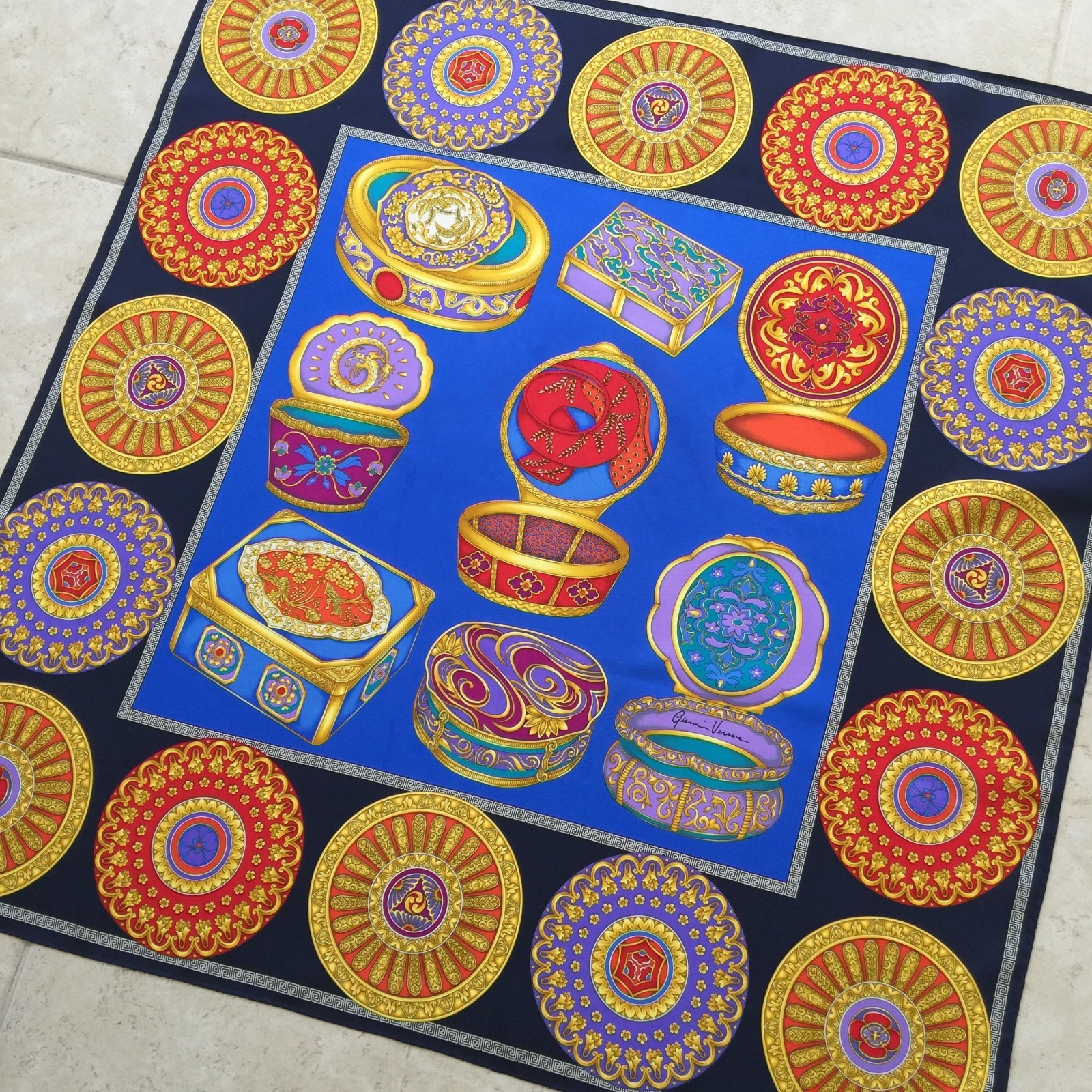 GIANNI VERSACE royal blue silk scarf Japanese Jewelry Box size 34" from S/S 1998 image 4