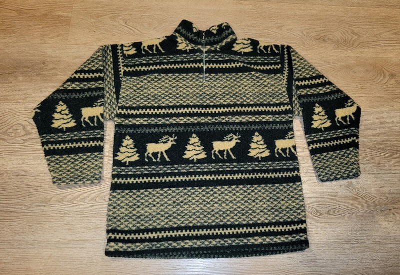 Vintage Tapemeasure Green/Cream Deer Pullover Fleece Sweatshirt M Medium Unisex