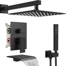 Shower Faucet Set with Mixer Valve Black Rain Shower Head Combo System Tub Spout
