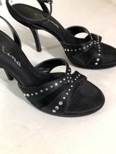 Size 8 M Black Strappy High Heeled Sandals Satin Sparkly Rhinestone Nina