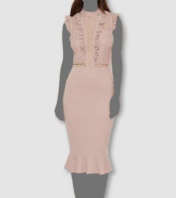 $69 AX Paris Women's Pink Lace Ruffle Hem and Sleeve Bodycon Dress Size 10 