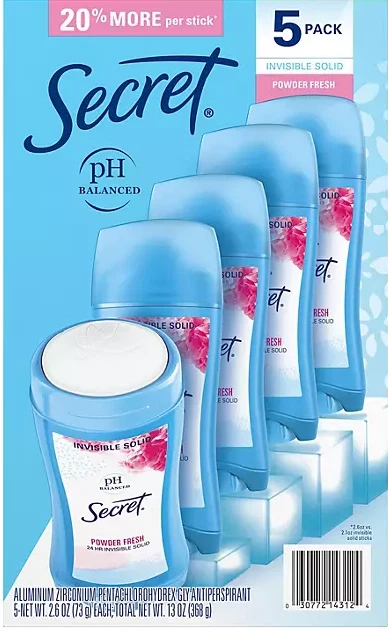 5x SECRET 'Powder Fresh' Invisible Solid Deodorant pH-balanced 5x 73gr=368gr USA