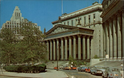 New York City New York ~ Foley Square ~ 1960s sports cars ~ VW Bug ~ postcard - Afbeelding 1 van 2