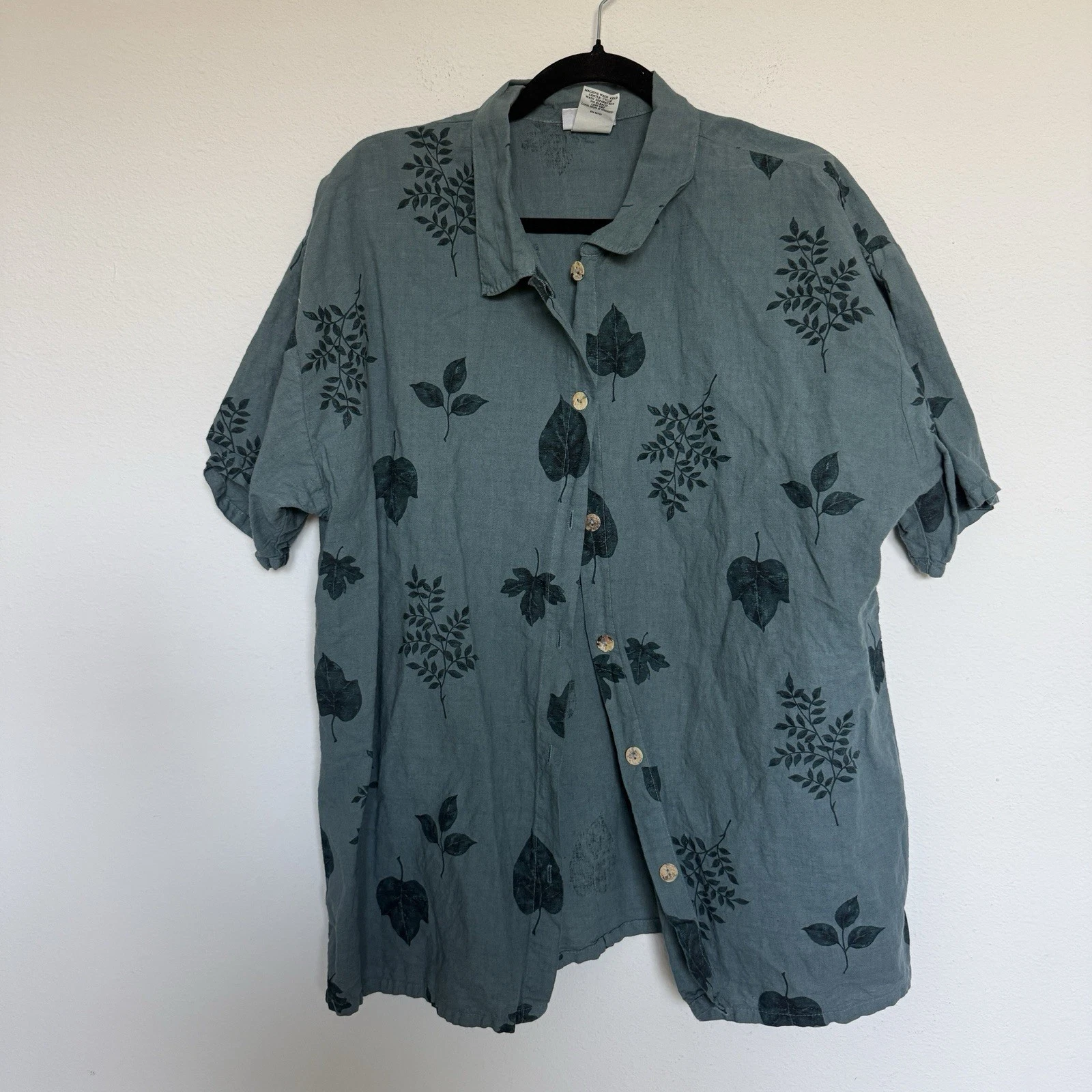 Tropism Men's Blue Leaf Print Linen Cotton Button-Up Shirt L Short Sleeve