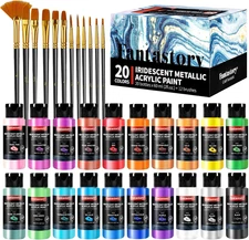Fantastory Metallic Iridescent Acrylic Paint Set with 12 Brushes, 20 X 2Oz Metal