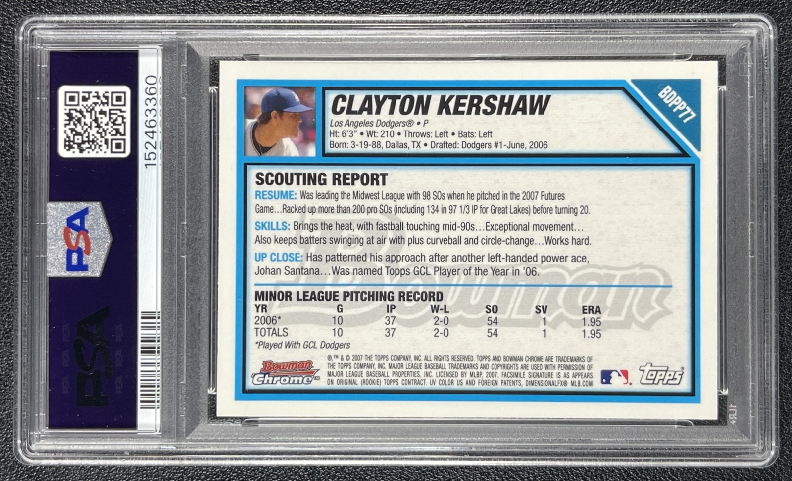CLAYTON KERSHAW PSA 8 2007 BOWMAN CHROME DRAFT #BDPP77 PROSPECT 3360 view 2