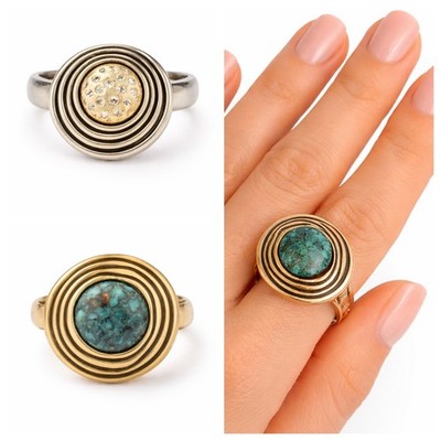 Reversible Swivel Turquoise & Crystal Ring Handmade Concentric Circle Sz 9