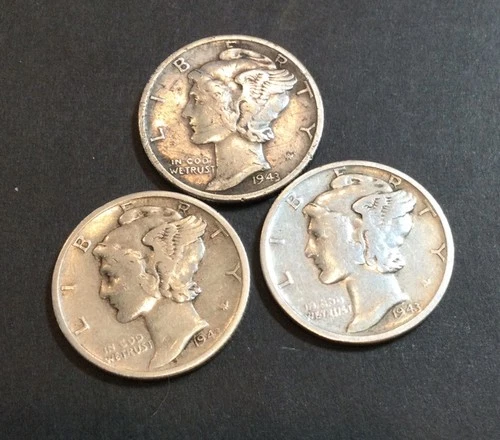 1943 P-D-S Mercury Head Dimes 90% Silver, VF+ (#3-B)