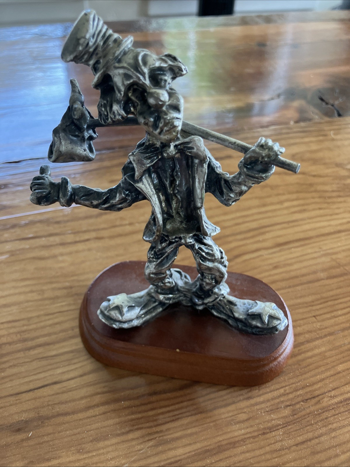 VINTAGE Silver Plated Pewter Clown Hobo Figurine Circus on Wood Made in Taiwan