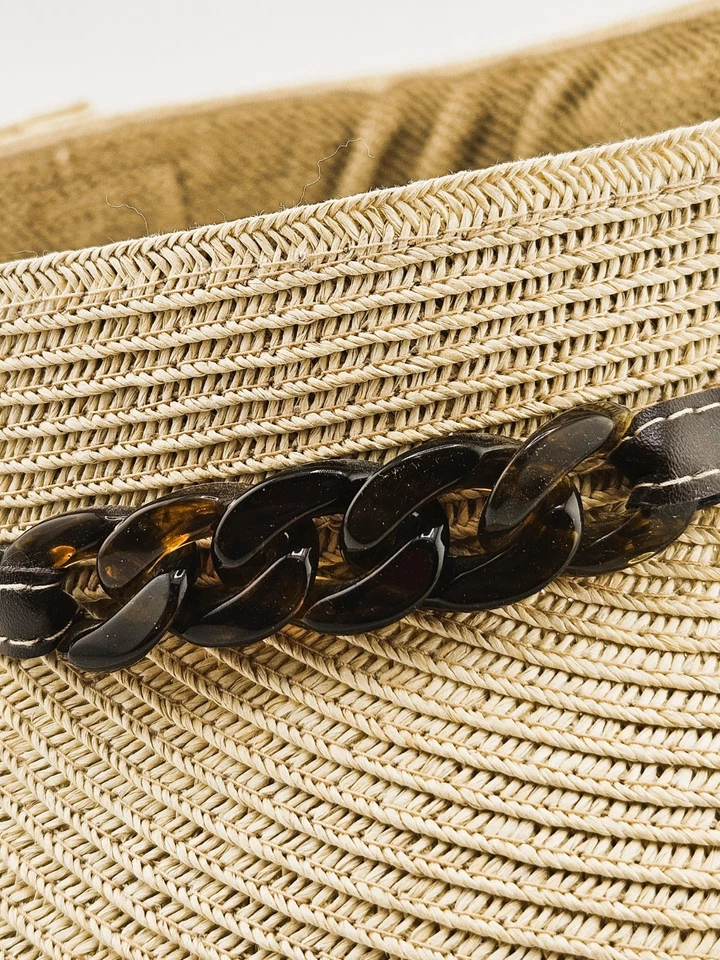 Nine West Straw Visor Hat Adjustable Brown Faux Leather Beach Sun Hat - Image 2 of 4