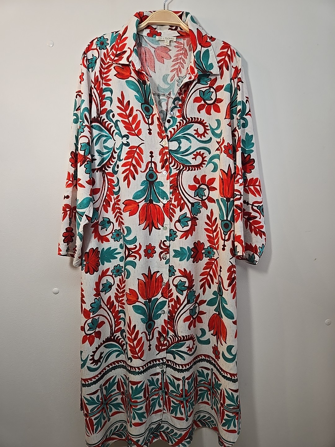 NWT Anthropologie Fig And Flower Sz 2X Button Down Shirt Dress Roll Tab Sleeve