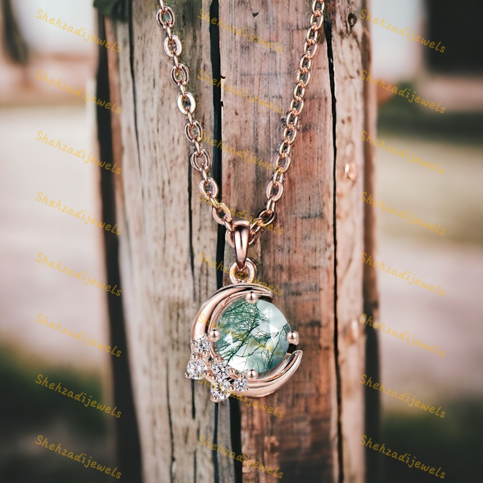 Natural Moss Agate Pendant Sterling Silver Moon Necklace Cable Chain Gift ForHer - second product detail image