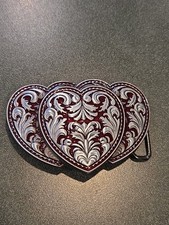 Vintage Style Western Three Heart Belt Buckle Floral Silver Tone Maroon Enamel