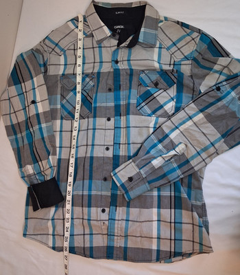 CARBON Slim Fit Men's Plaid Button-Up Shirt Blue Gray Long Sleeve Size M