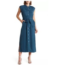 MELLODAY Teal Satin Sleeveless Button Front Maxi Shirt Dress Tie Waist XL NWT