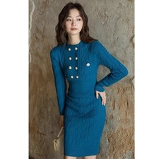 Women Slimming Fit Woolen Dress Long Sleeved Straight Retro Blue Knitted Skirt