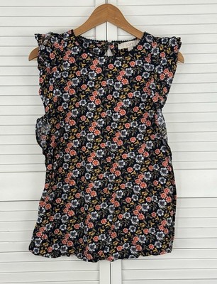 LOFT Ruffle Blouse Women Size Medium Sleeveless Floral 100% Cotton