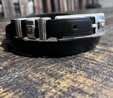 Vintage 1997 Brighton Black Leather Belt Silver Tone Buckle Size ML Style 4A203