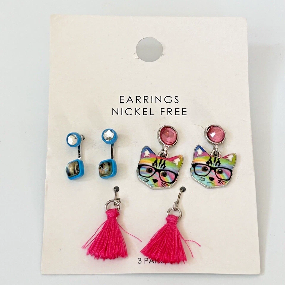 Pendientes de aro con dije para niñas gatos azul rosa níquel libre Aee 3+ 3 pares regalo Foto 3 de 4