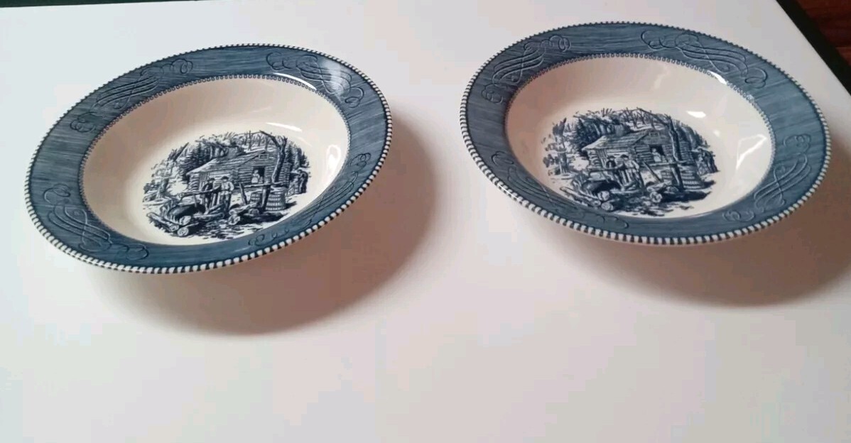 VTG Currier and Ives 9” Round Serving Bowl Maple Sugaring Royal China-Set of 2