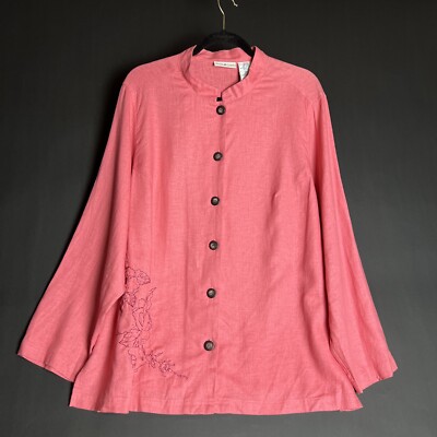 White Stag Plus Womens 18W 20W Rose Long Sleeve Linen Blend Button Up Blouse