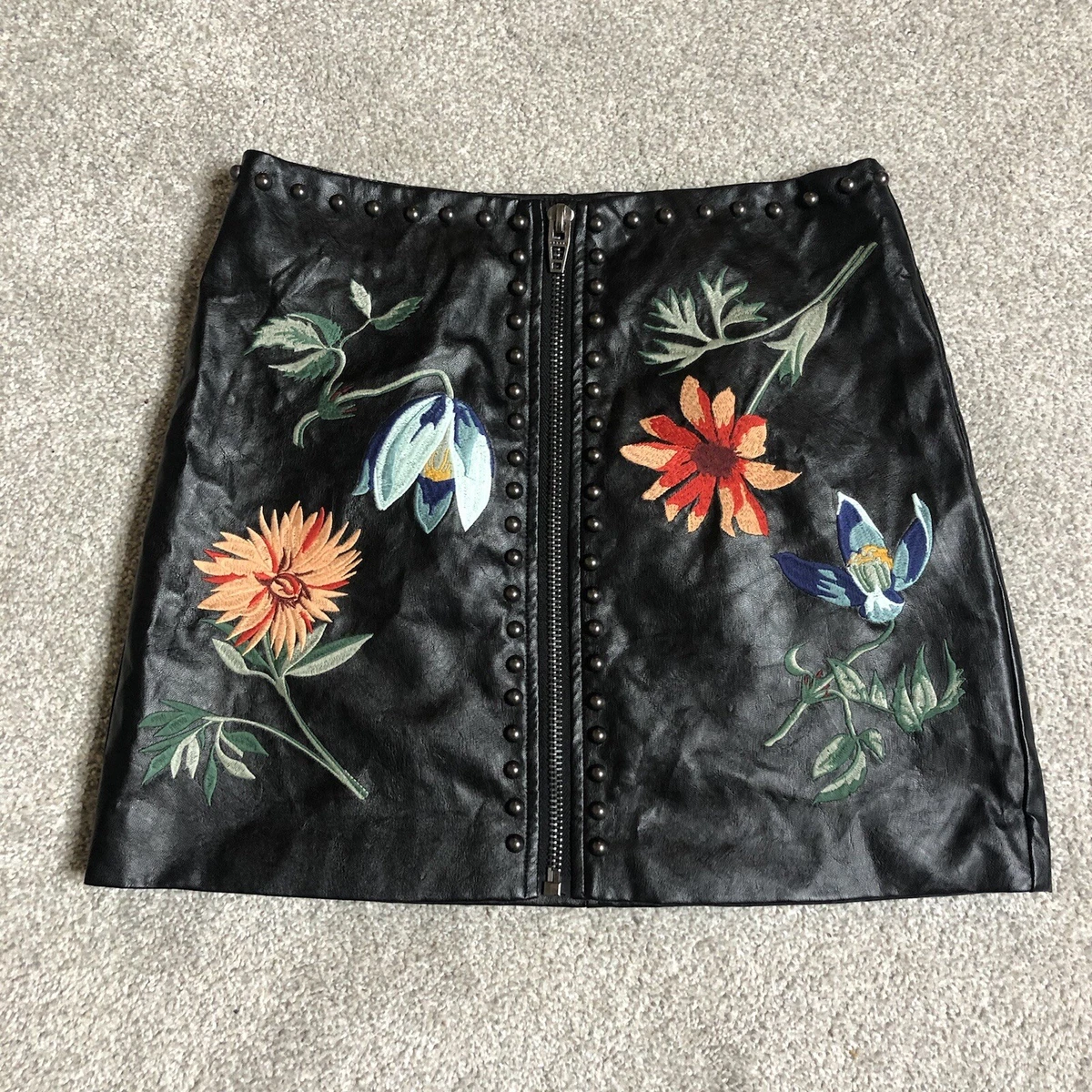 Dance Marvel Womens Skirt Medium Mini Embroidered Faux Leather