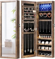 6 Leds Mirror Jewelry Cabinet with 3 Improvements, 4.2" D Door/Wall Mounted Jewe