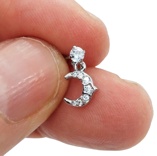 Piercing orecchino acciaio chirurgico trago helix luna stella ciondolo zircone - Immagine 2 di 4