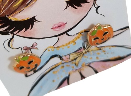Unisex HALLOWEEN ORANGE PUMPKIN Gold-tone Stud Earrings Hypoallergenic Jewelry - Picture 5 of 12