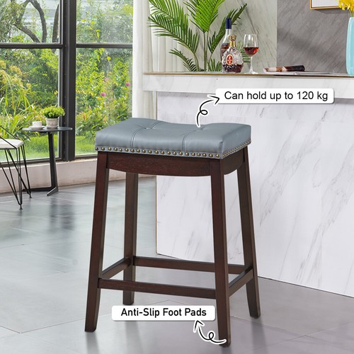 Giantex 2PCS Saddle Bar Stools Nailhead Pub Counter Stool Rubber Wood Legs 64CM - Picture 6 of 24