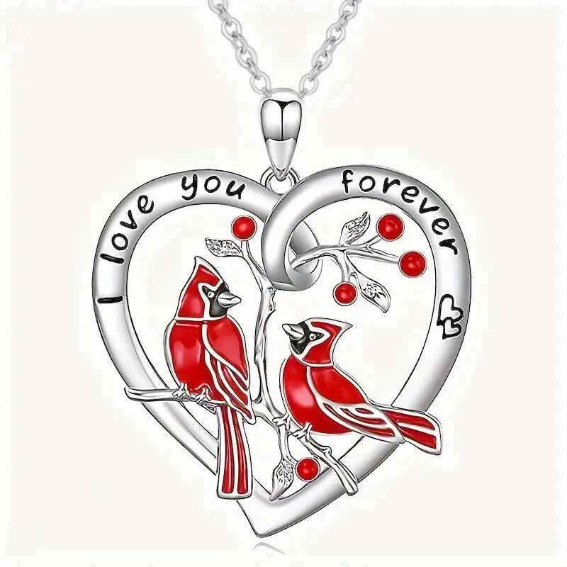 CHROME HEARTS HEART 2 CARDINALS BIRD LOVE FOREVER Ciondolo Argento Sterling 925 18" Collana Donna
