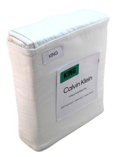 NWT CALVIN KLEIN King Size White 4 Pc. 100% Cotton 300 Thread Sateen Sheet Set