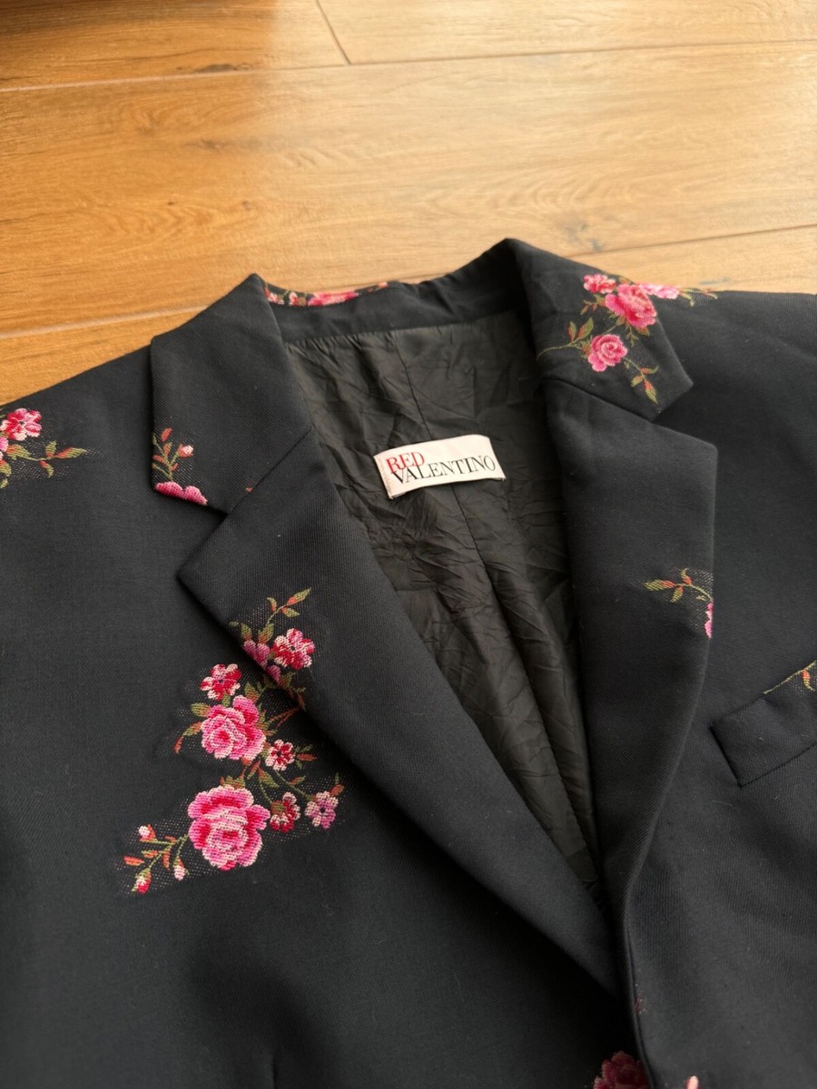 RED VALENTINO ブラックジャケット　48 RED Valentino Wool-Blend Floral-Embroidered black/pink