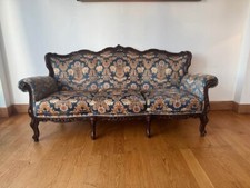 Elegant Vintage Victorian Hand-Carved Sofa Luxurious Floral Brocade Upholstery