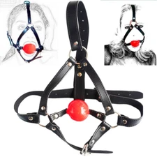 New PU Leather Head Harness Bandage Open Mouth Gag Restraint Red Silicone Ball