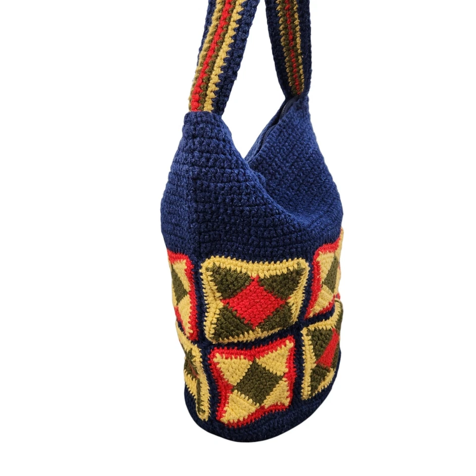 Vintage Crochet Shoulder Bag Lined Zipper Handmade Purse 1970's Boho Hippie Lg - Image 2 of 4