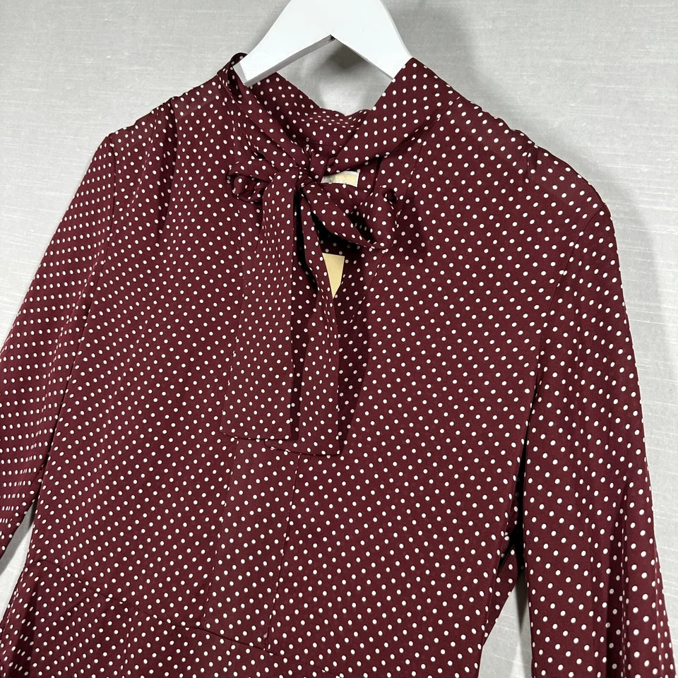 Vestido Michael Kors Mujer 4 Rojo Lunares Elegante Cuello Pajarita Borgoña Seda Modesto Foto 3 de 4