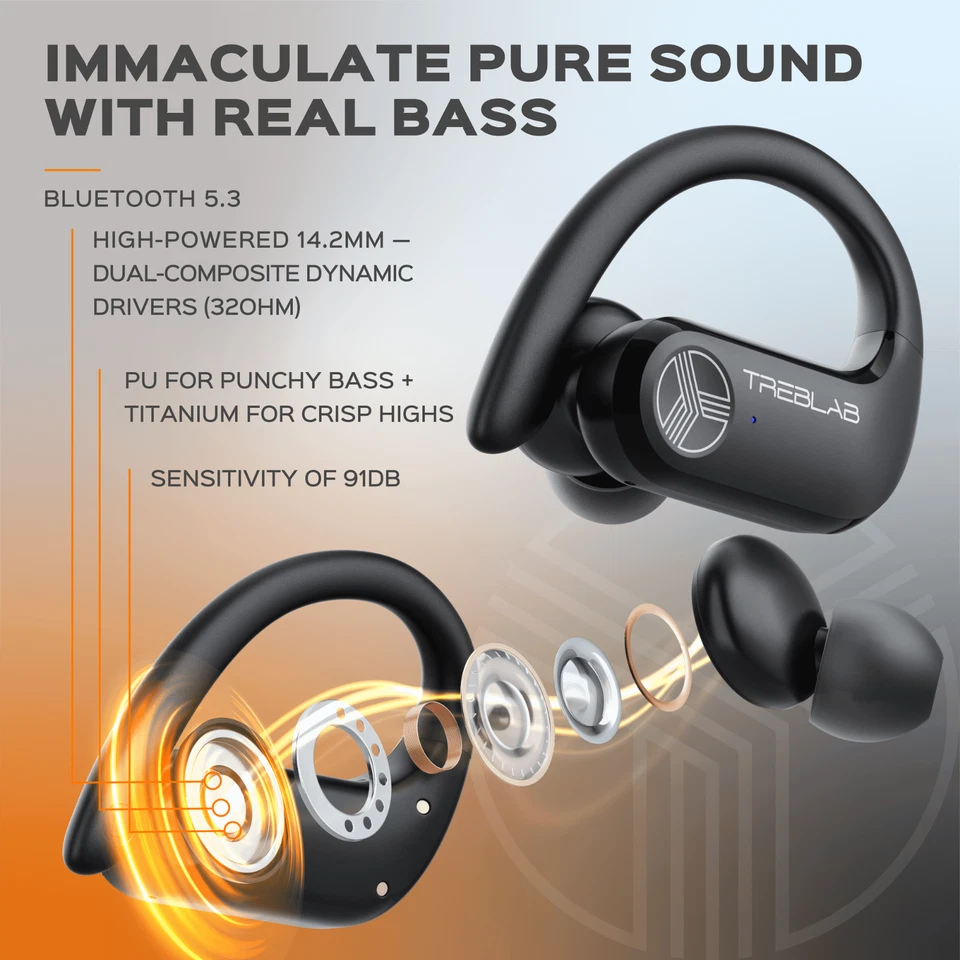 Treblab X3 Pro-W - Waterproof Wireless Earbuds w/ Earhooks - up to 145H Playtime - Image 2 of 4