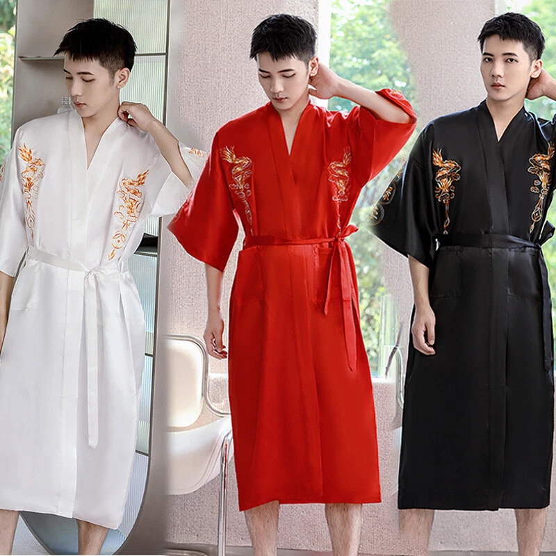 Chinese Traditional Sleep Robes Men Embroid Silk Satin Sleepwear Summer  Bathrobe