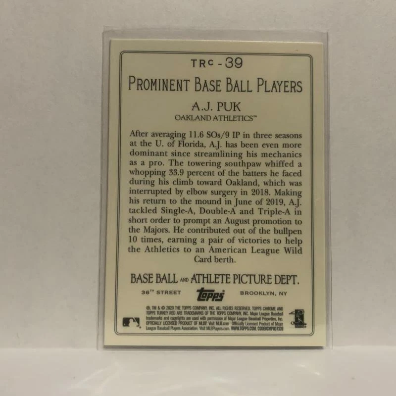 TRC-39 A.J. Puk Oakland Athletics Chrome  2020 Topps Series One Baseball Card JC - Image 2 of 2