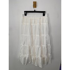 White Tiered Lace Trim Midi Skirt Elastic Wai...