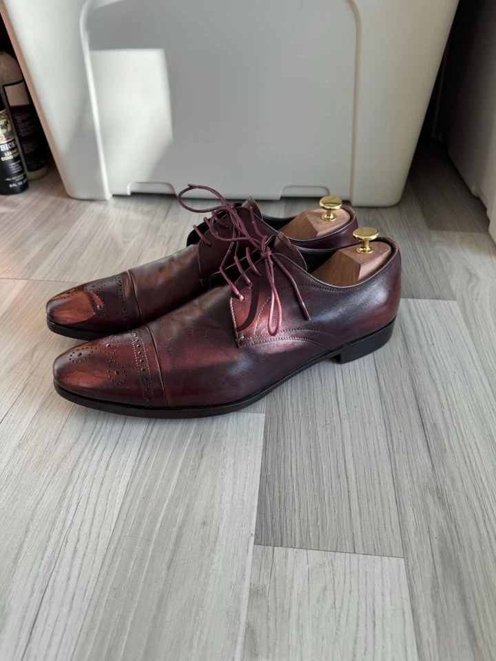 PRADA - Brown Burnished Leather Cap Toe Oxford Size 9US Dress Shoes Italy - Image 2 of 4