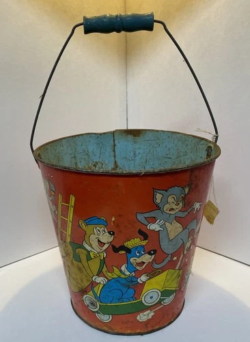 Vintage 1950-60 OHIO ART Hanna Barbera Sand Pail Metal/Wood Handle
