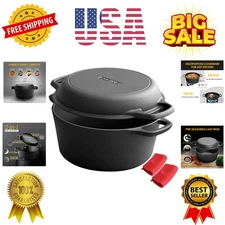 2-in-1 Pre-Seasoned Cast Iron Dutch Oven Pot with Skillet Lid Cooking Pan, Ca...