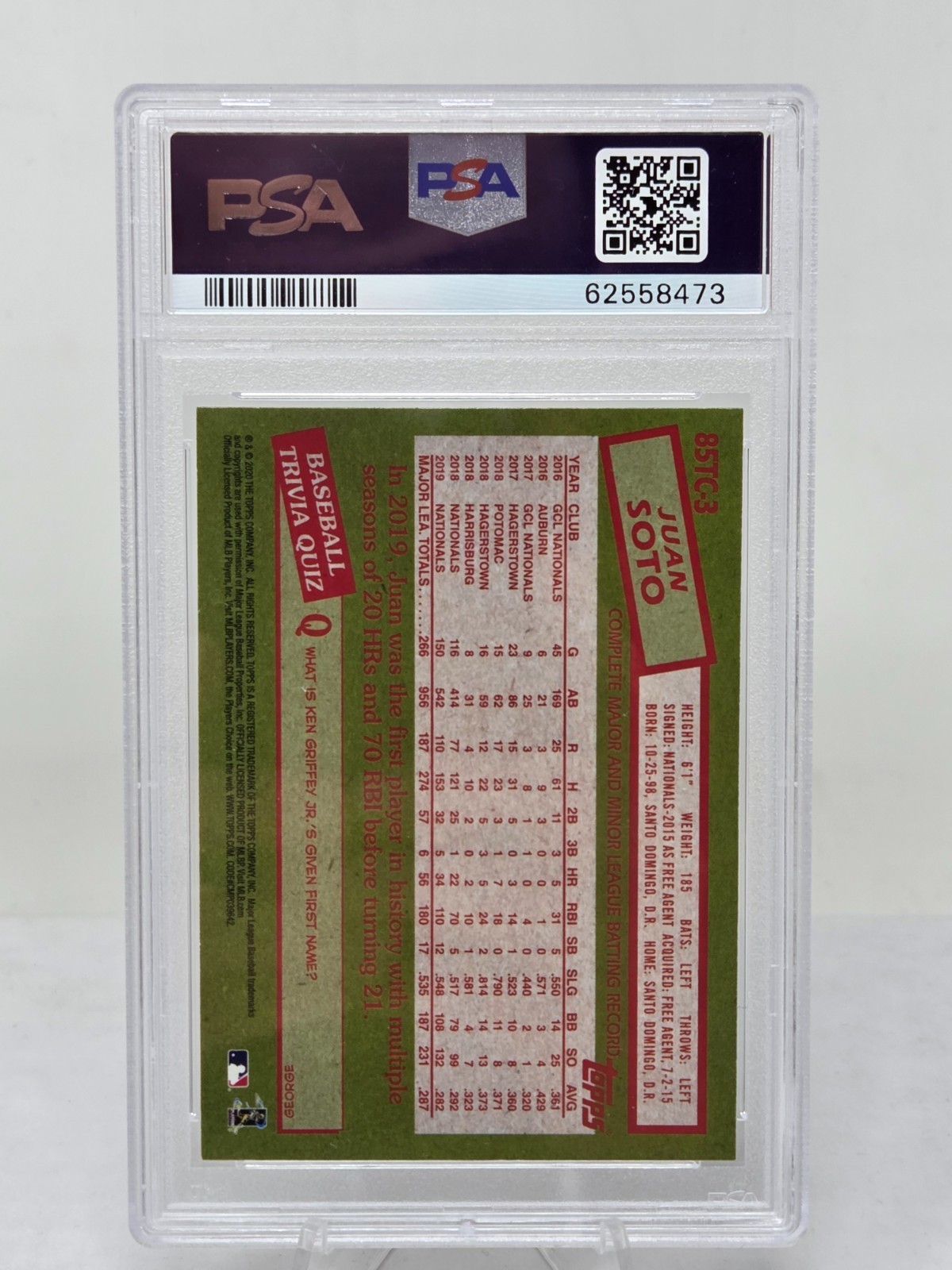 2020 Topps Chrome 1985 Version Refractor JUAN SOTO CARD PSA 10 GEM MINT view 2