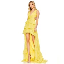 Mac Duggal Sunshine Yellow V-Neck Ruffled High-Low Evening Dress 0