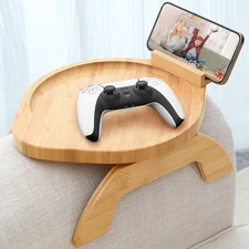Couch Arm Tray Table,Bamboo Sofa Side Tables Clip-on 11.8, Round Natutal 